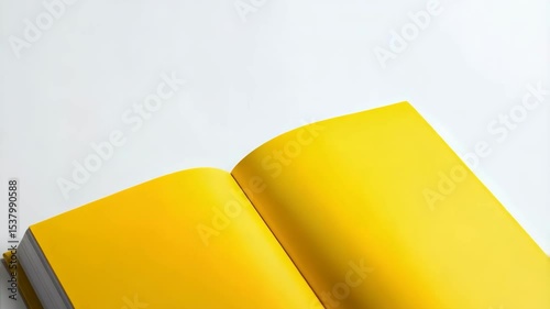 Open book with blank yellow pages laying on white surface, concept for writing, reading, journaling, education, minimalist design