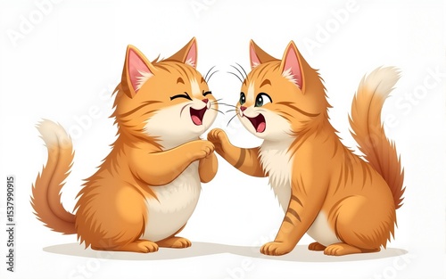 Silly cat bites his fluffy friend. Amusing kittens have fun, play together. Cute angry kitty attacks shocked, amazed pet, animal. Flat hand drawn isolated vector illustration on white background