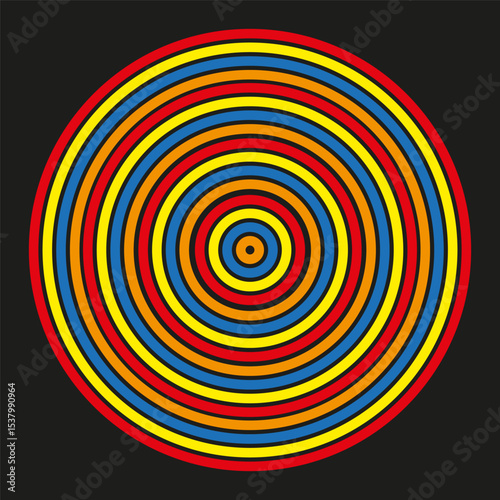 Rainbow concentric circles. Colorful ring pattern. Vector spiral design. Bright circular geometry.