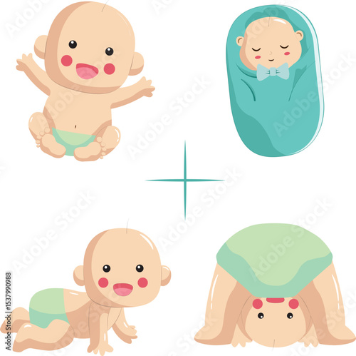 Four Cartoon Babies Sitting Swaddled Crawling and Upside Down