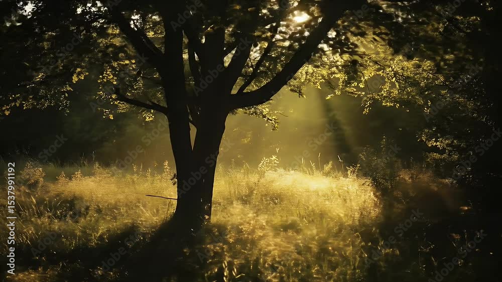 Golden Sunlight Shines Through Tree on Meadow in Countryside Landscape at Sunset Creating a Warm and Dreamy Scene with Tall Grass and Foliage Golden Sunlight Shines Through Tree on Meadow in Countryside Landscape at Sunset Creating a Warm and Dreamy Scene with Tall Grass and Foliage