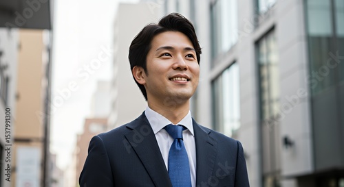 Asian Businessman in Suit Looking Up