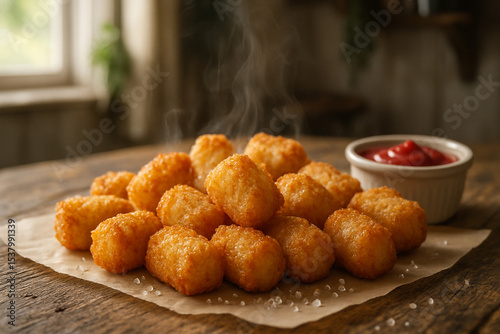 Freshly fried, hot tater tots with a side of ketchup, a classic comfort food.