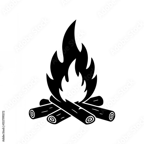 Minimalist Black Campfire Silhouette on White Background

