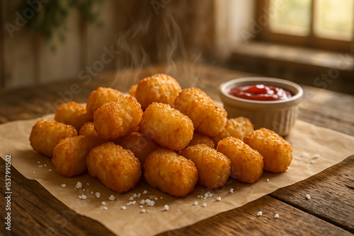 Freshly fried, hot tater tots with a side of ketchup, a classic comfort food.