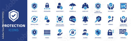 Protection - Icon Collection. Thin Line Set contains such Icons as Shield, Lock, Guard, Secure, Helmet, Barrier, Alarm and more. Simple web icons set.