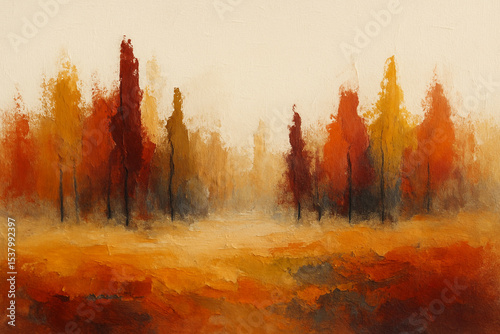 Abstract autumn landscape with expressive brushstrokes, featuring tree trunk-like shapes and vibrant red, orange, and yellow accents on a neutral background — ideal for interior art and wall decor.