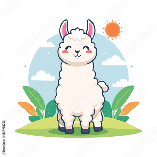 Minimal flat vector of cute llama with bold black outline happy expression no gradients

