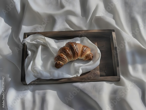 Freshly baked croissant served on a rustic wooden tray atop a clean white tablecloth.