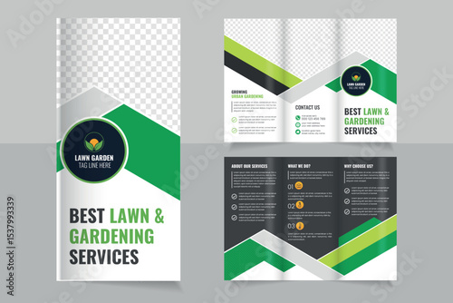 Lawn Mower Garden or Landscaping Agricultural service Design, trifold brochure design template,  Modern Lawn Care Trifold Brochure Template, Gardening, Landscaper or Agro firming services
