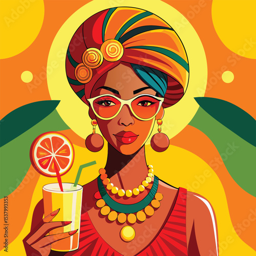 Stylish african woman enjoying orange juice in summer