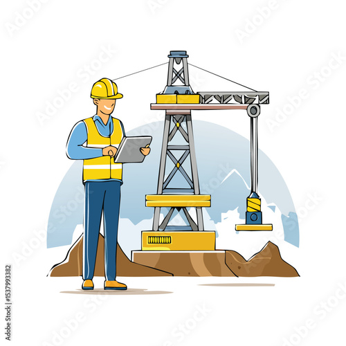 Industry Operator Using Tablet to Control Oil Rig Platform for Drilling Installation

