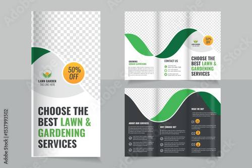 Lawn Mower Garden or Landscaping Agricultural service Design, trifold brochure design template,  Modern Lawn Care Trifold Brochure Template, Gardening, Landscaper or Agro firming services