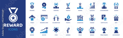 Reward - Icon Collection. Thin Line Set contains such Icons as Reward, Trophy, Medal, Prize, Bonus, Award, Badge and more. Simple web icons set.