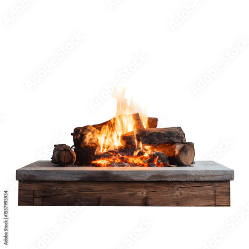 A close up of a wood burning fireplace with logs and flames against a black background in a studio shot