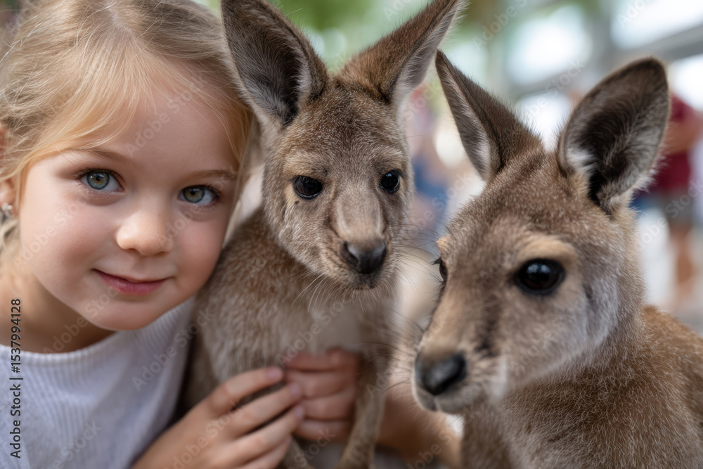 Fototapeta premium Child interacts with kangaroos at an animal sanctuary during a sunny afternoon visit