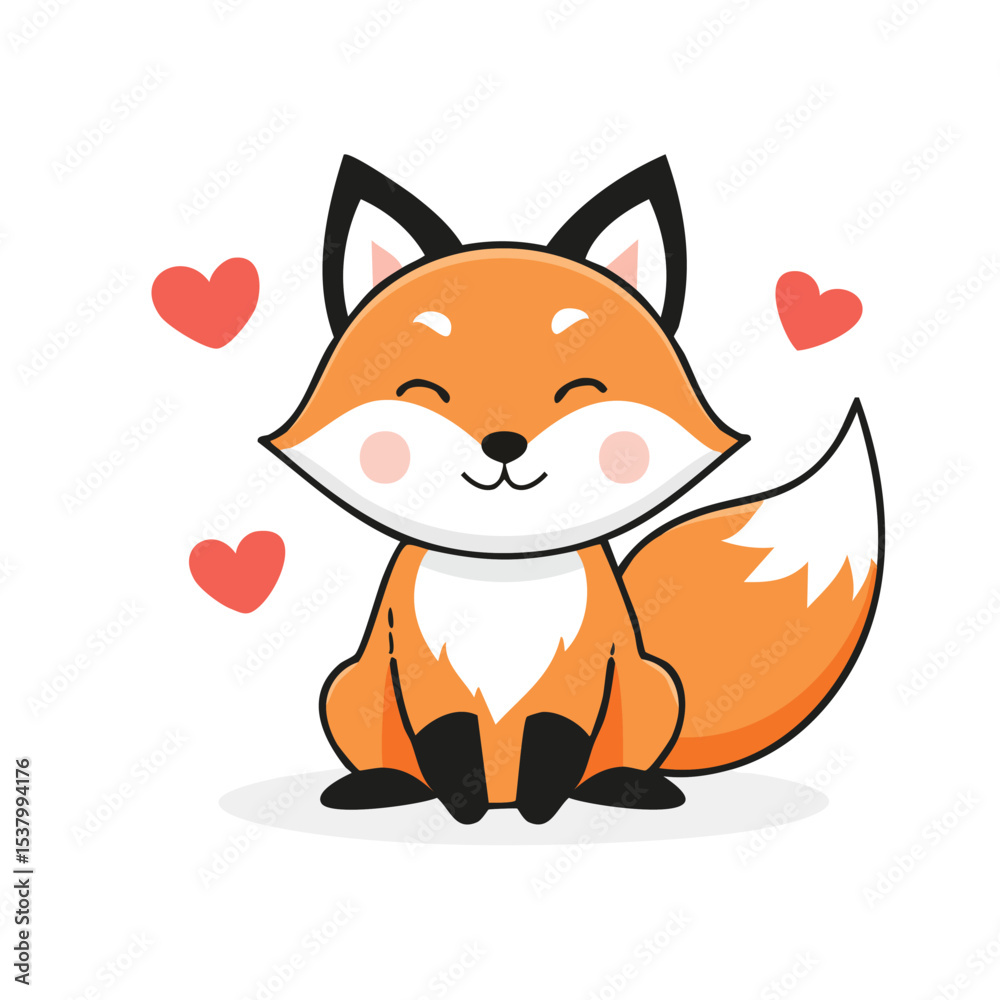 Fototapeta premium Minimal Flat Vector of a Cute Fox with Bold Black Outline, Happy Expression, No Gradients, Clean Style