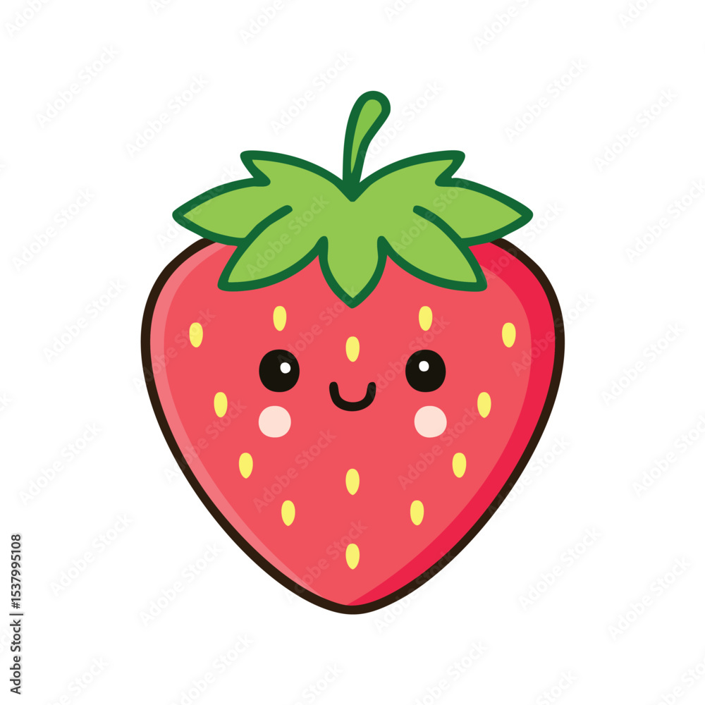 Obraz premium Cute Strawberry Vector with Happy Face and Bold Outline, Minimal Flat Style