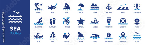 Sea - Icon Collection. Thin Line Set contains such Icons as Sea, Ocean, Wave, Fish, Shark, Whale, Coral and more. Simple web icons set.
