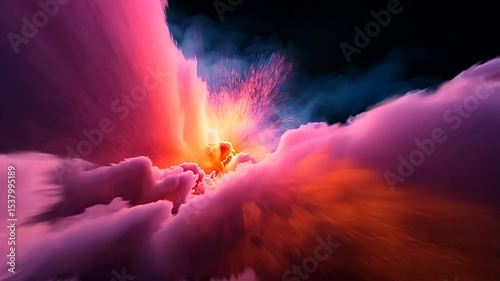Vibrant cosmic explosion captured in swirling pink and blue clouds.