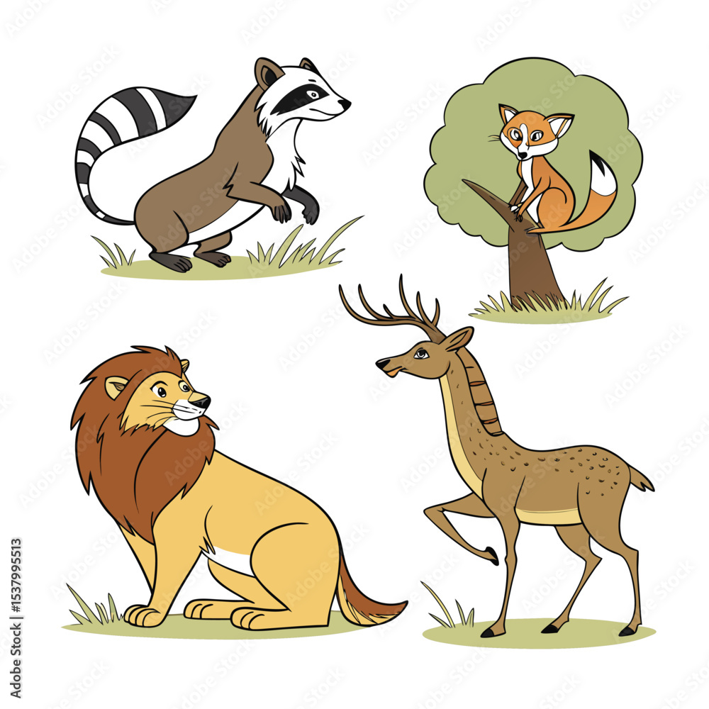Obraz premium Cute cartoon collection of wild animals, including a raccoon, fox, lion, and deer