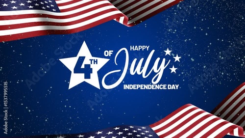 Independence Day Usa 4th of July Text Animation with American Flag and Fireworks Background. Happy 4th of July Independence Day USA. Fourth of July lettering footage with handwritten text animation.