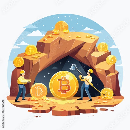 Miners Extracting Bitcoins in Underground Cave, Crypto Coin Mining Concept Illustration


