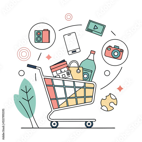 E-commerce concept illustration featuring a shopping cart surrounded by diverse products like electronics, groceries, and bags