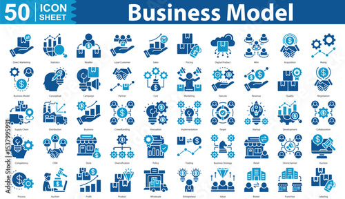 Business Model icon set collection Solid Color direct marketing, statistics, reseller, loyal customer, sales, pricing, digital product, mlm, acquisition, rising, business model, conceptual