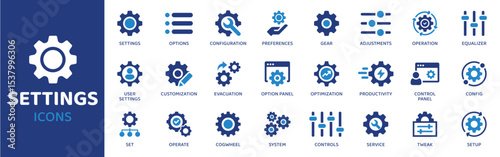 Settings - Icon Collection. Thin Line Set contains such Icons as Settings, Gear, Wrench, Tool, Adjust, Configure, Options and more. Simple web icons set.