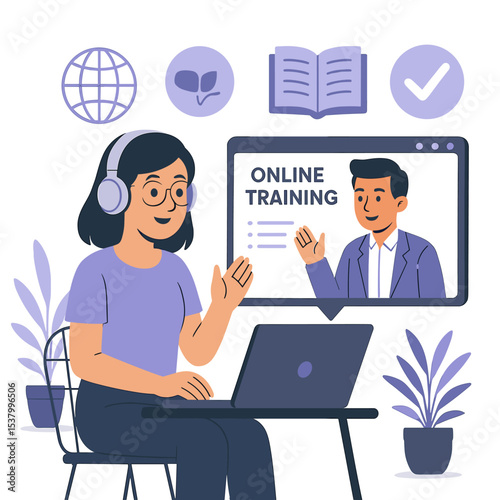 Flat design of a young woman with headphones attending online training, video conferencing with instructor, representing modern remote education and digital learning vector illustration