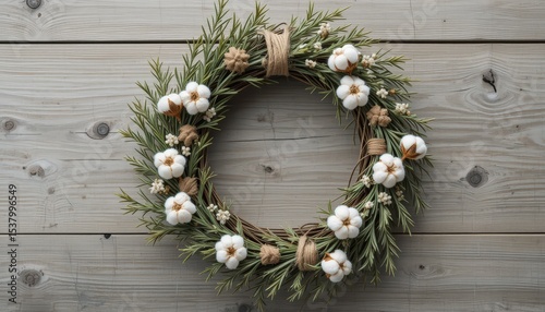 Ethereal cotton bloom wreath graces weathered Wood, a rustic echo of farmhouse charm and homespun holiday serenity