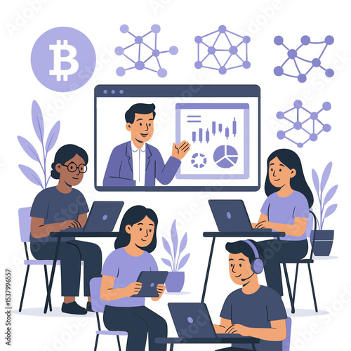 Flat vector illustration of diverse students participating in an online cryptocurrency and blockchain course with instructor on video, engaging in collaborative virtual learning