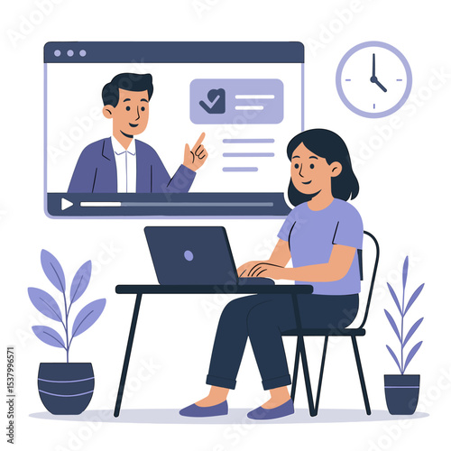 Flat style vector illustration of a young woman studying through an online course with a male instructor on a video call, engaging in remote learning from a home workspace