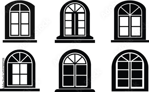A detailed vector illustration of various window designs, highlighting vintage architectural elements like wooden frames and stone arches on building exteriors