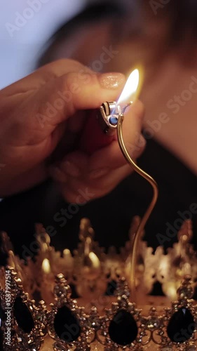 Lighting A Candle On Golden Crown With Lighter, Celebration Scene With Decorative Sparkle
