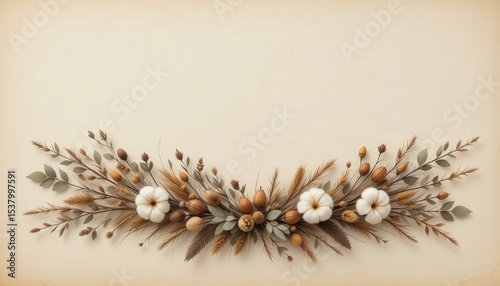Autumn's embrace a crescent of cotton, leaves, and seeds against a parchment sky, whispers of harvest time