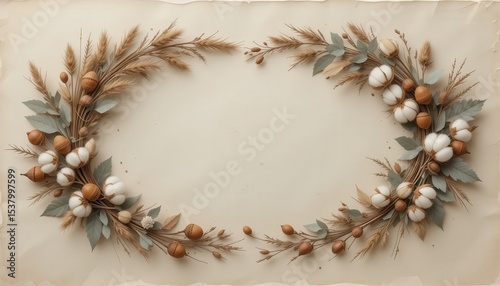 Autumnal's embrace a gentle flourish of cotton blossoms, wheat stalks and acorn caps frame a warm, inviting space