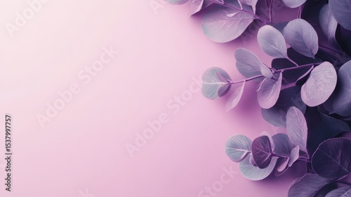 Pastel purple background with eucalyptus leaves