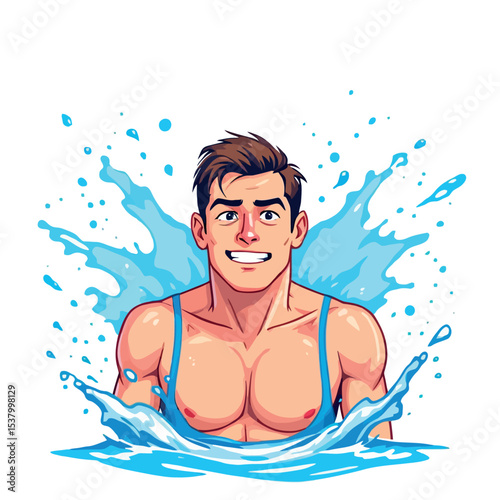 Vsai swimmer emerging from water splashing, smiling and showing muscles