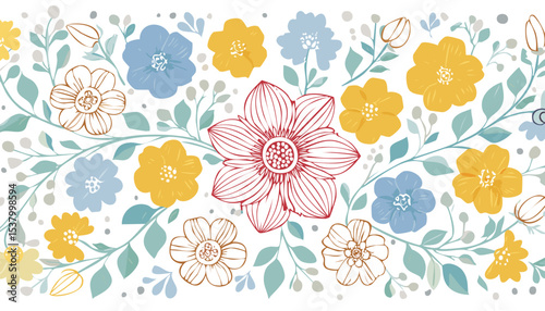 hand drawing seamless pattern with flowers.flower, textile, art, illustration, decoration, design, nature, pattern, vector, plant, summer, backgrounds, elegance, image, no people, old-fashioned,