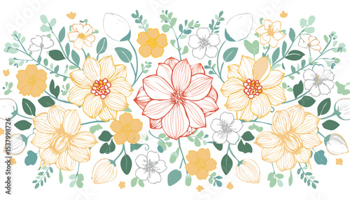 hand drawing seamless pattern with flowers.flower, textile, art, illustration, decoration, design, nature, pattern, vector, plant, summer, backgrounds, elegance, image, no people, old-fashioned,