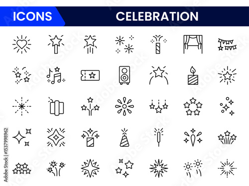 Joyful vector web line icons depicting celebrations, parties, balloons, cakes, and festive moments for vibrant, memorable gatherings.