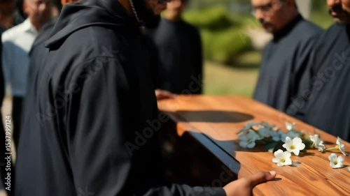 Solemn Farewell: People Carry a Coffin Adorned with White Flowers at Funeral