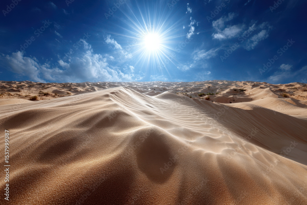 Naklejka premium Golden sand dunes shimmer under a bright sun in a clear blue sky