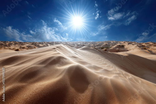 Golden sand dunes shimmer under a bright sun in a clear blue sky