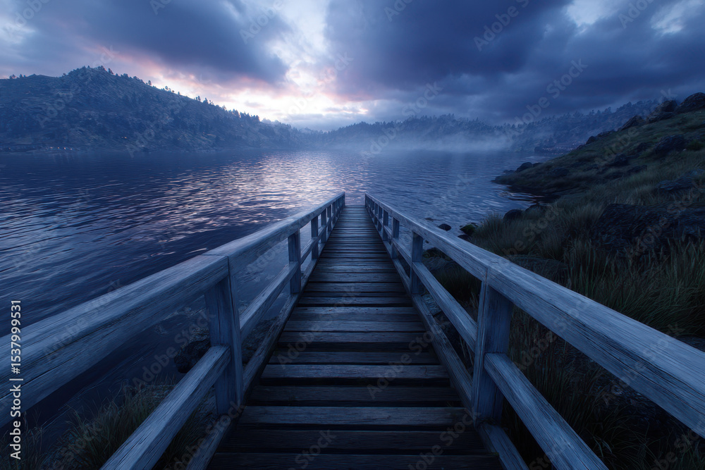 Fototapeta premium Calm lake morning with wooden dock and misty mountains under cloudy sky