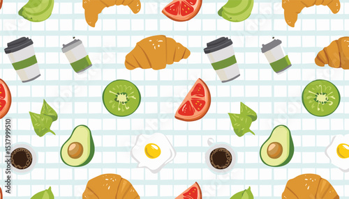 Cute checkered seamless pattern with breakfast products. Hand drawn coffee fried egg, croissant, milk, avocado, tomato. Decorative gingham background, milk, illustration, morning, bacon, design, patte