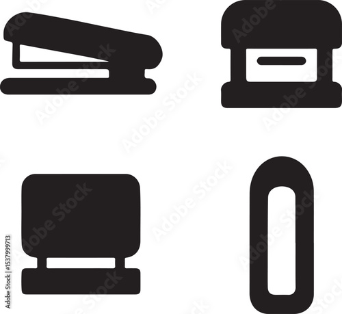 Stapler silhouette icons set side, front, back, and top views vector art illustration