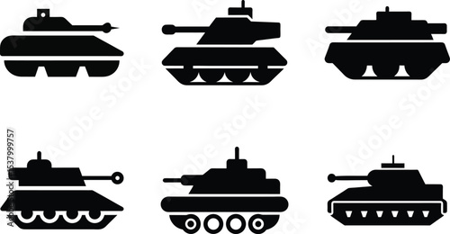 A set of vintage vector transport silhouettes, including tank, ships, trains, cars, and construction vehicles, for design illustration